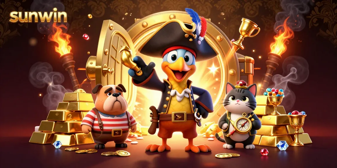 Win big with sunwin in a vibrant casino scene featuring a pirate captain and treasure galore.