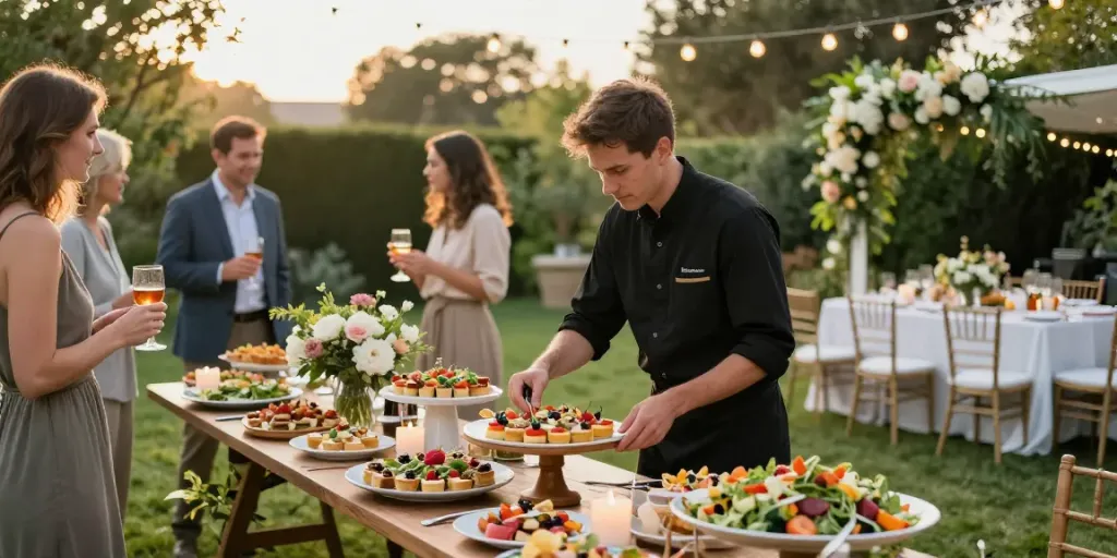 Catering equipment displayed elegantly at an outdoor buffet setup, showcasing gourmet dishes and decorations.