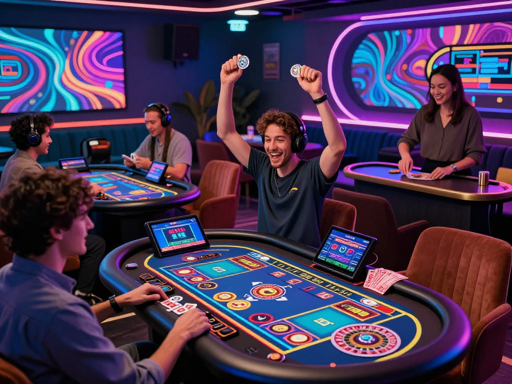 Exciting crypto casino scene showing players celebrating wins and engaging with digital gaming.