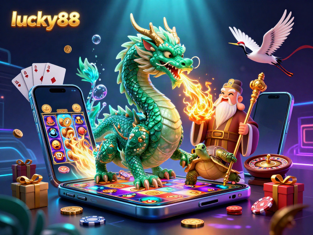Spin the reels and win big with lucky88, featuring a dragon, turtle sage, and lucky cranes!