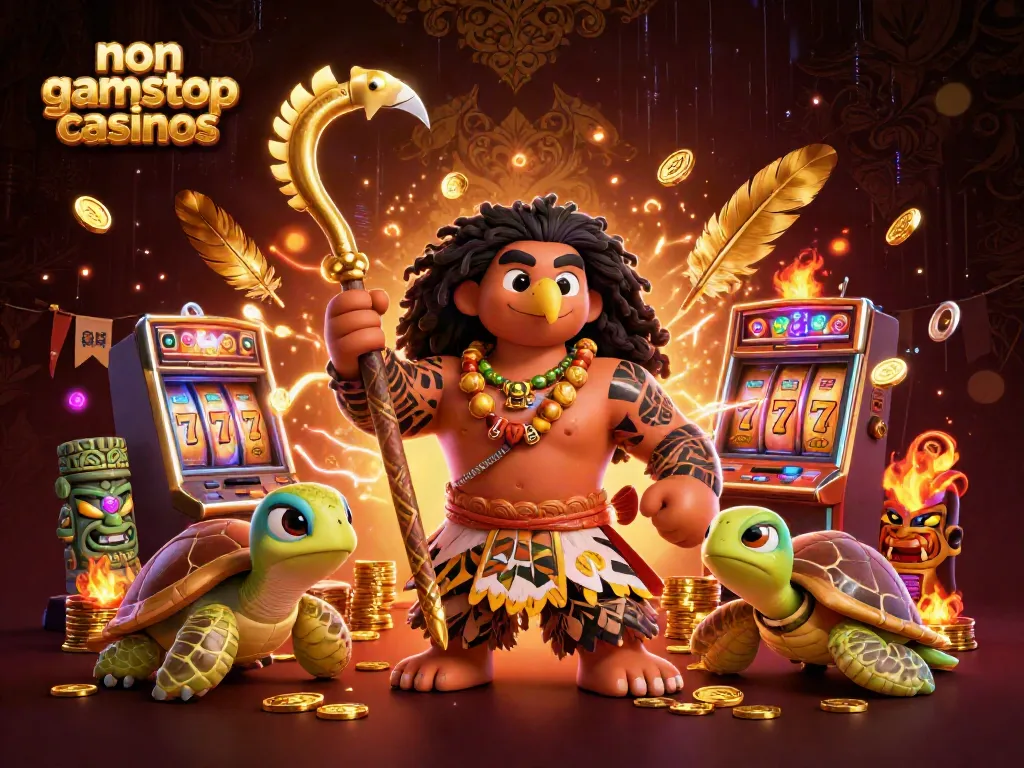 Experience the thrill at non gamstop casinos with a dynamic hero scene featuring a demigod and casino elements.